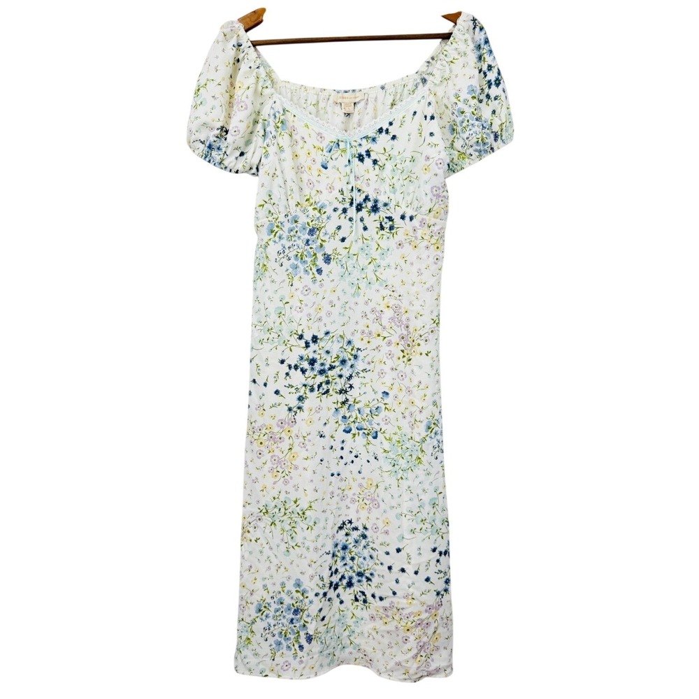 Monteau Floral Babydoll Midi Dress Size L Cottagecore Lace Trim Peasant Milkmaid - Picture 2 of 10